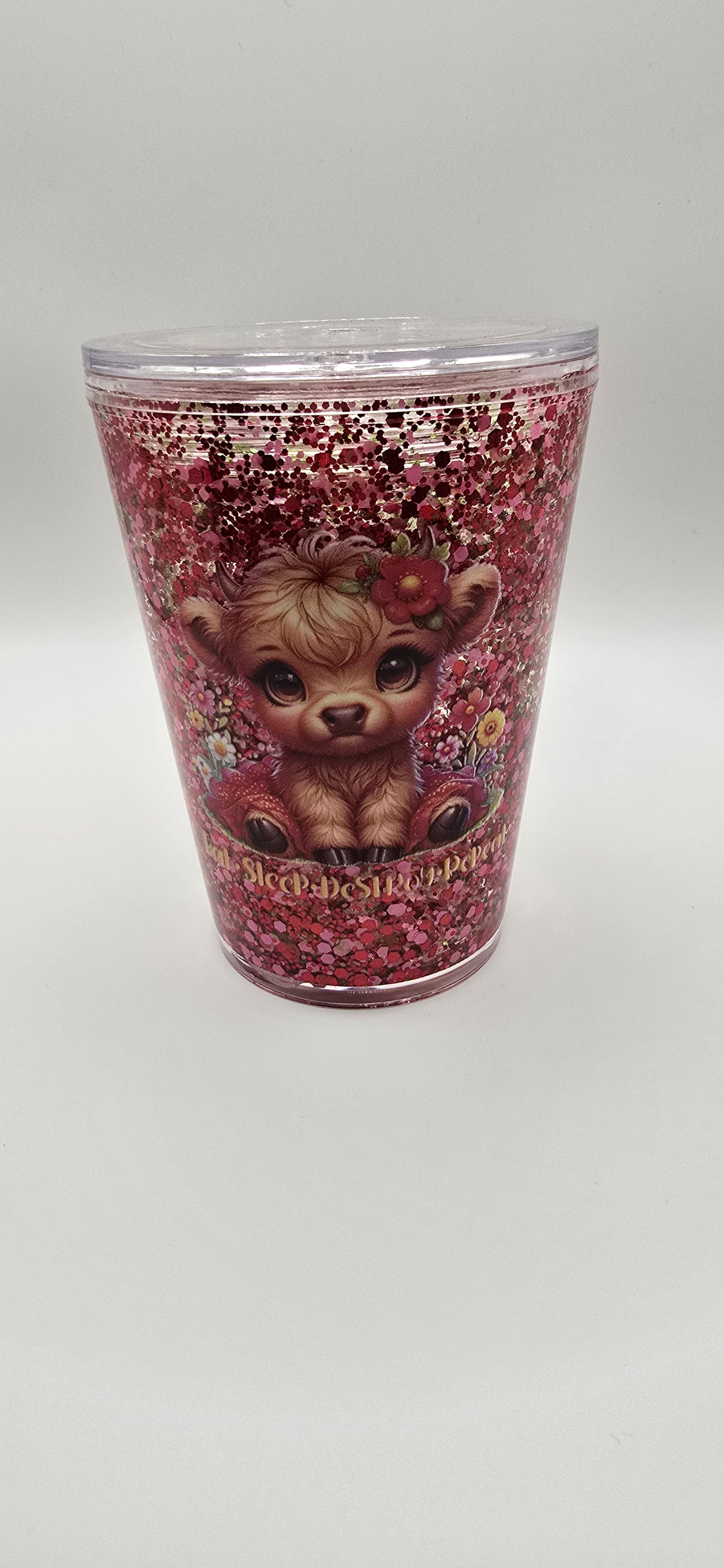 Premade 12oz 🌸 Eat. Sleep. Destroy. Repeat. – Red Floral Glitter Highland Cow Tumbler