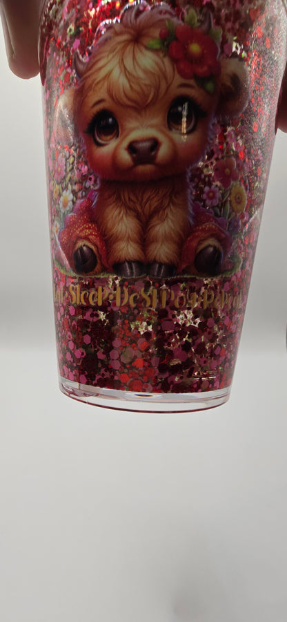 Premade 12oz 🌸 Eat. Sleep. Destroy. Repeat. – Red Floral Glitter Highland Cow Tumbler