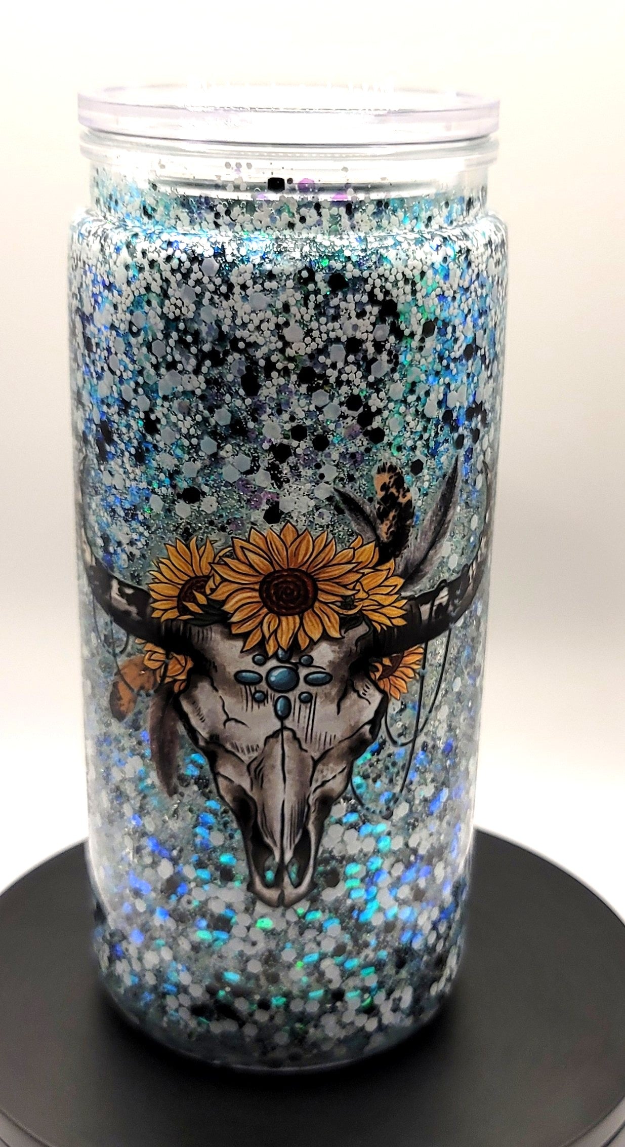 Sunflower/Steer Skull Glitter Tumbler
