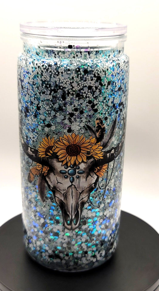 Sunflower/Steer Skull Glitter Tumbler